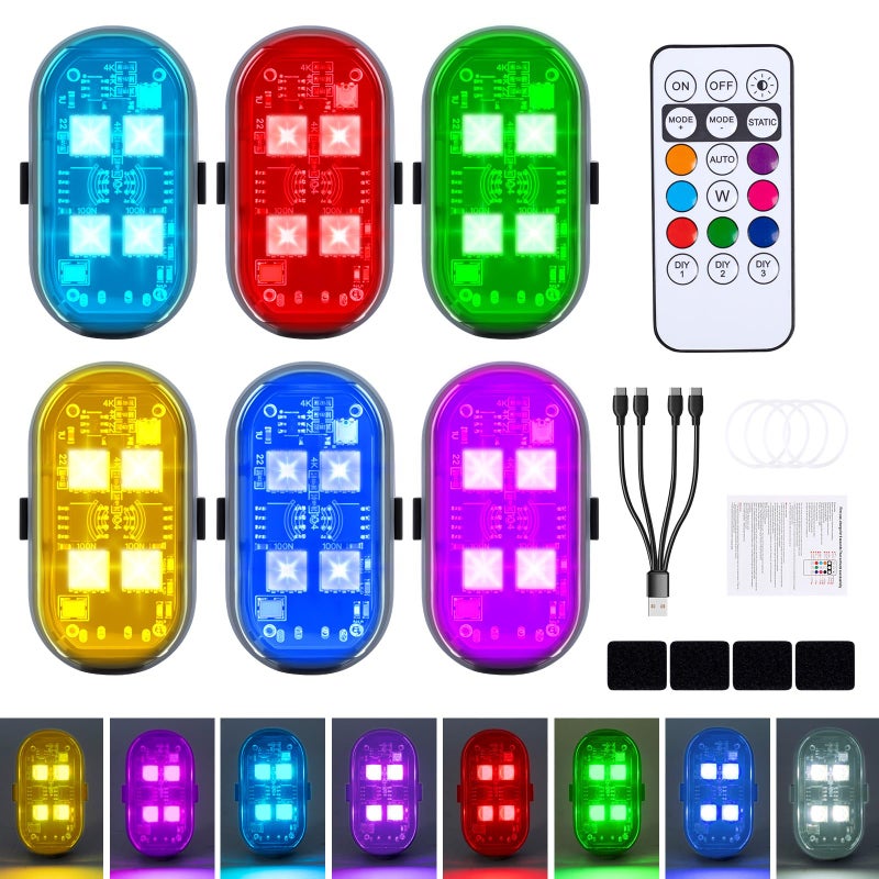 6 قطع أضواء LED لاسلكية مع جهاز تحكم عن بعد، ترقية 4 LEDs، 8 ألوان، إضاءة داخلية مضادة للتصادم، ضوء وميض تحذيري للسيارة والدراجة النارية والدراجة